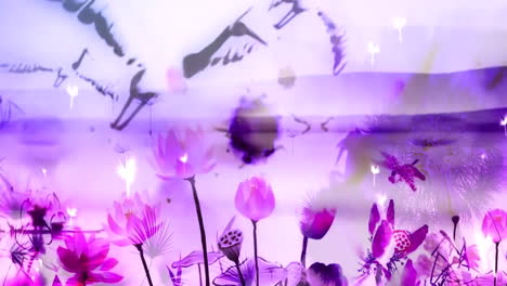 ethereal purple lotus pond with flora and fauna silhouettes