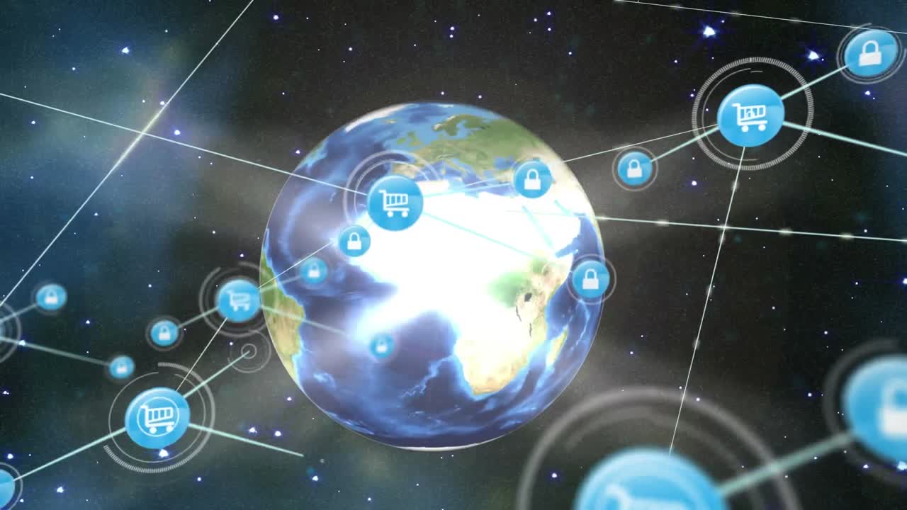 animación de una red de iconos digitales sobre un globo giratorio contra el espacio