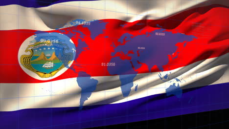 animación de números flotando sobre el mapa del mundo contra la bandera de costa rica
