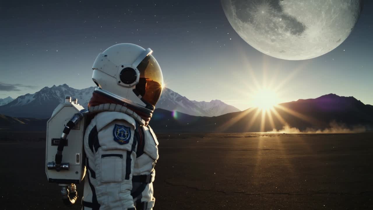 Stående astronaut i rumdragt ser solen stå op i horisonten, hvilket skaber et linselys på sletten, med plads til tekst.