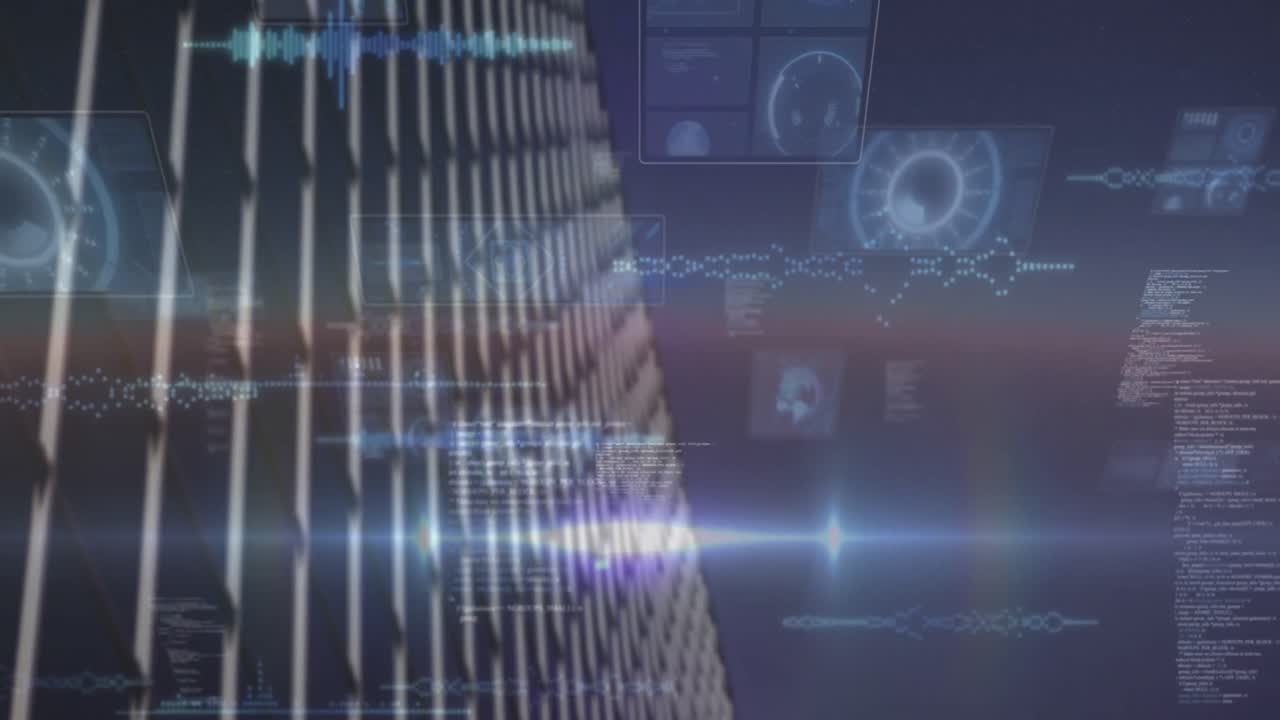 Animation of financial data processing over office building