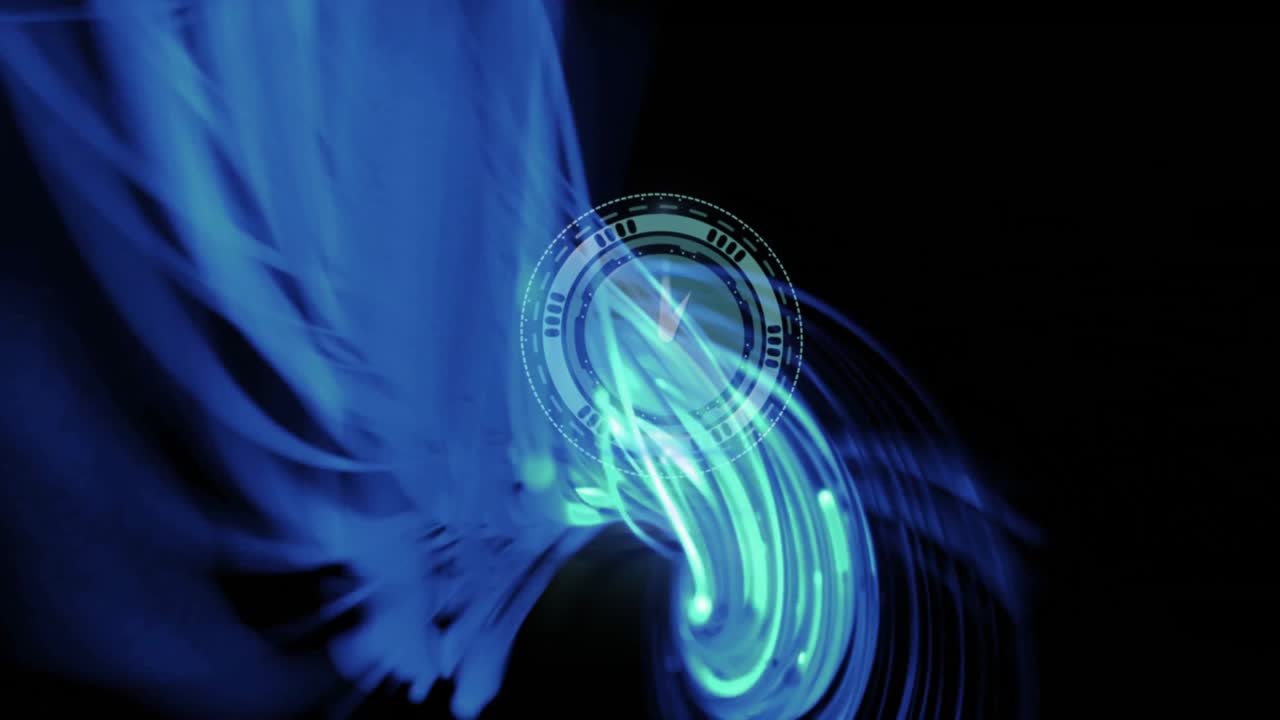 Futuristic clock icon emerging in darkness as thin blue streak flowing, enveloping icon retracting
