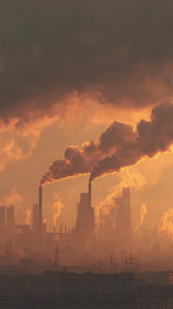 A captivating view of industrial smoke plumes rising against a dramatic sunset, illustrating the impact of pollution on the urban skyline and environment