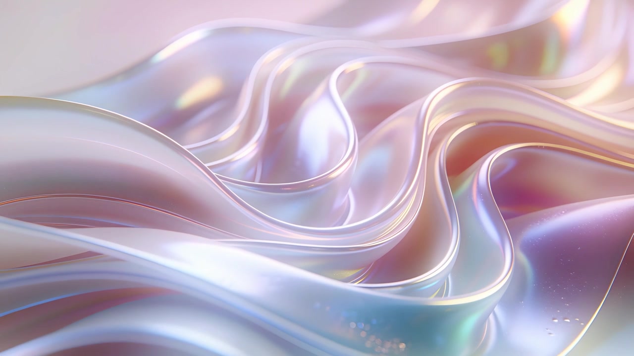 Reacting to backlight, flowing iridescent satin sheet shifting crests right in studio with sparkle