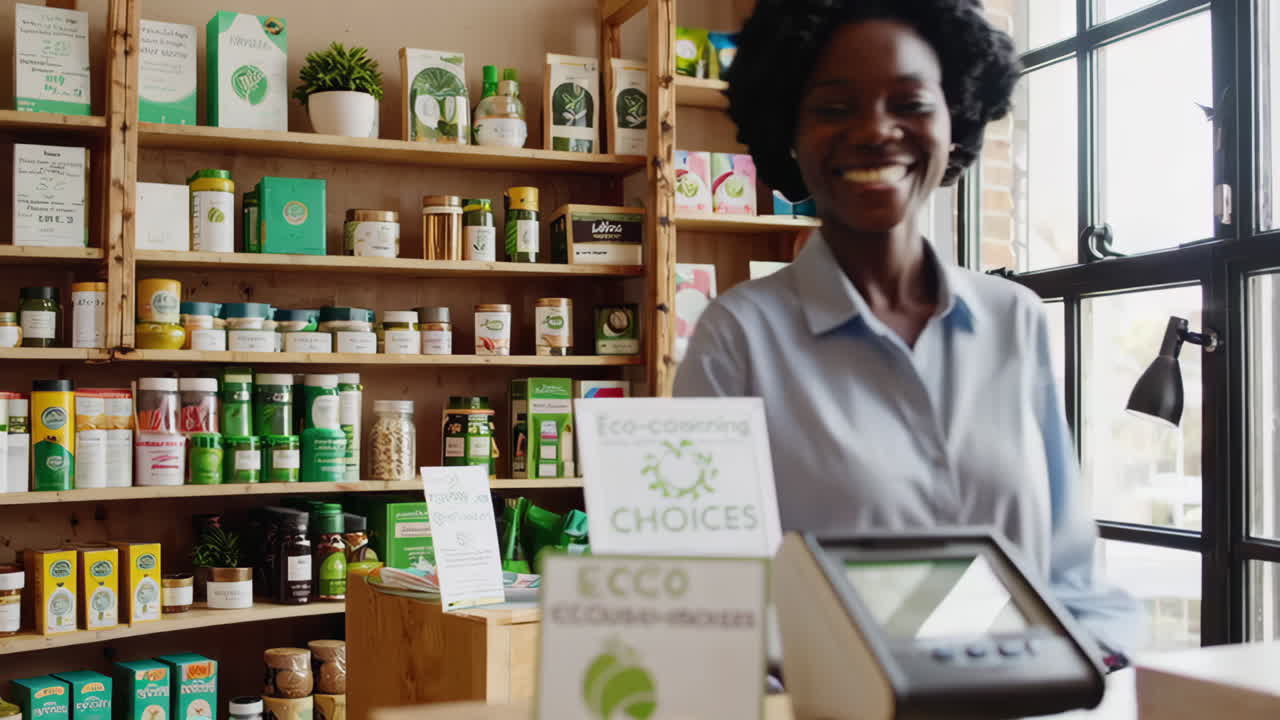 Woman processing a customer payment at an eco-conscious store