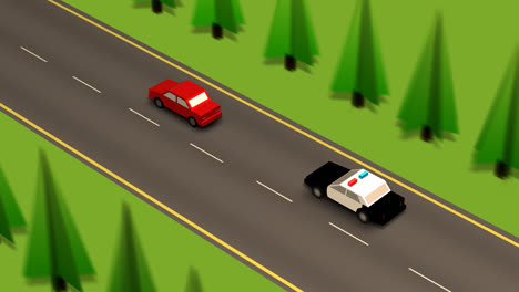 the aerial view of the police car with flashing lights and siren, speeding on the road, the vehicle controlled by the law enforcement is going fast on the highway, chasing the red car.