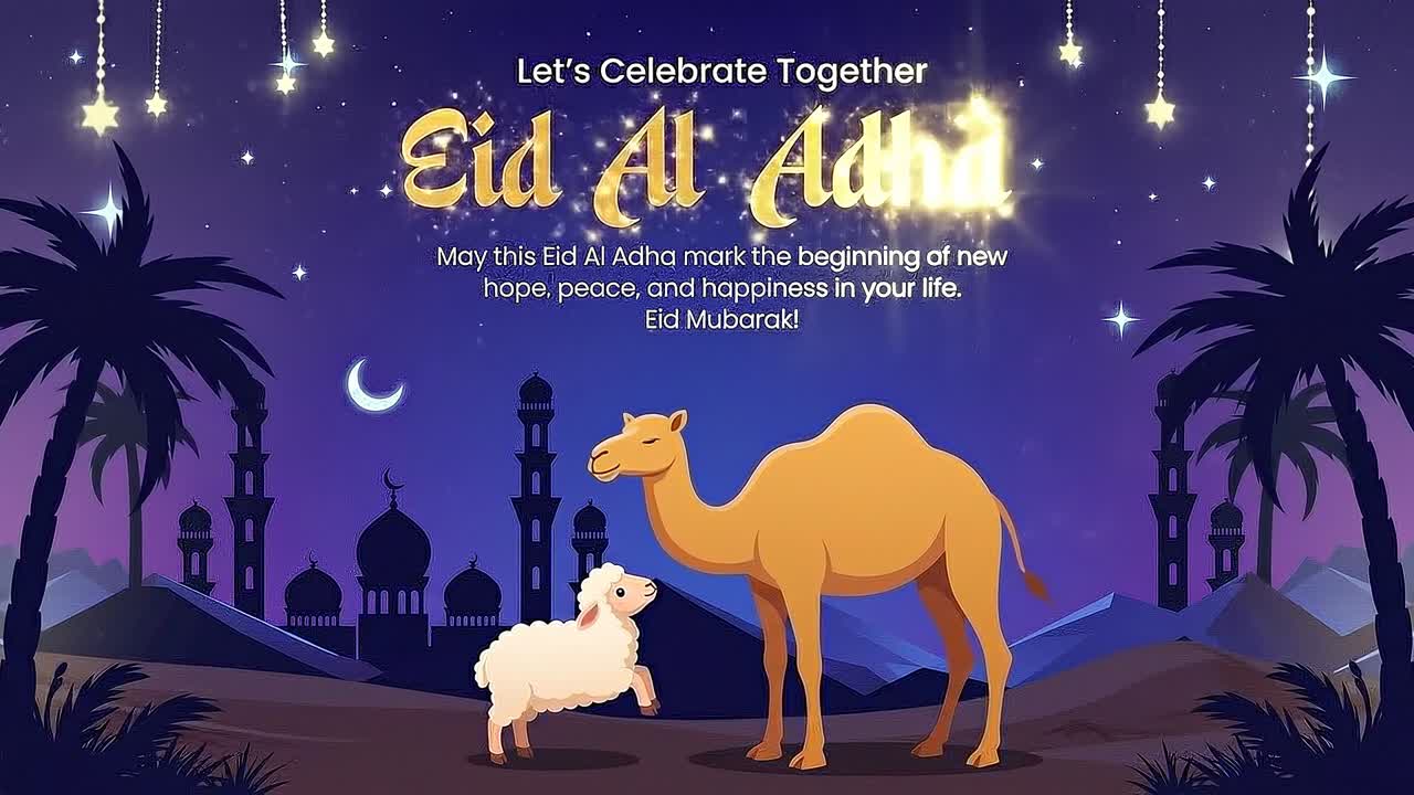 Animazione banner di paesaggio notturno per Eid al-Adha con sagome di cammello, pecora e moschea sotto la luna crescente