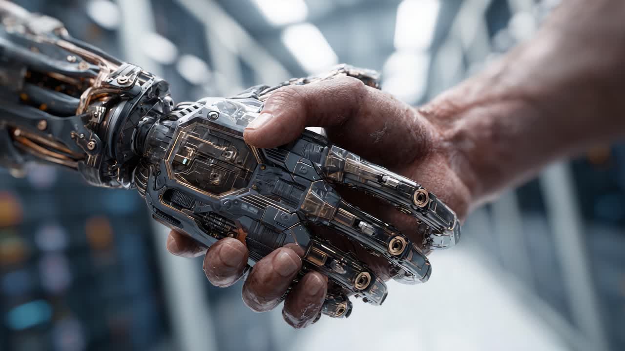 A Visual Encounter of Humanity and Technology: A Human Hand Shakes with a Robotic Hand, Symbolizing Collaboration Between Organic and Mechanical Realms
