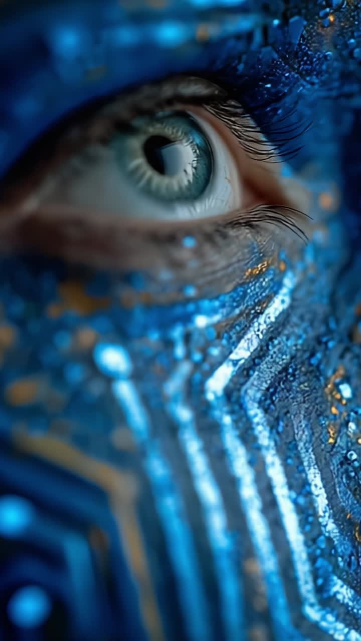 A close-up view of a mesmerizing blue face paint design, highlighting intricate details around the eye and creating an ethereal visual experience