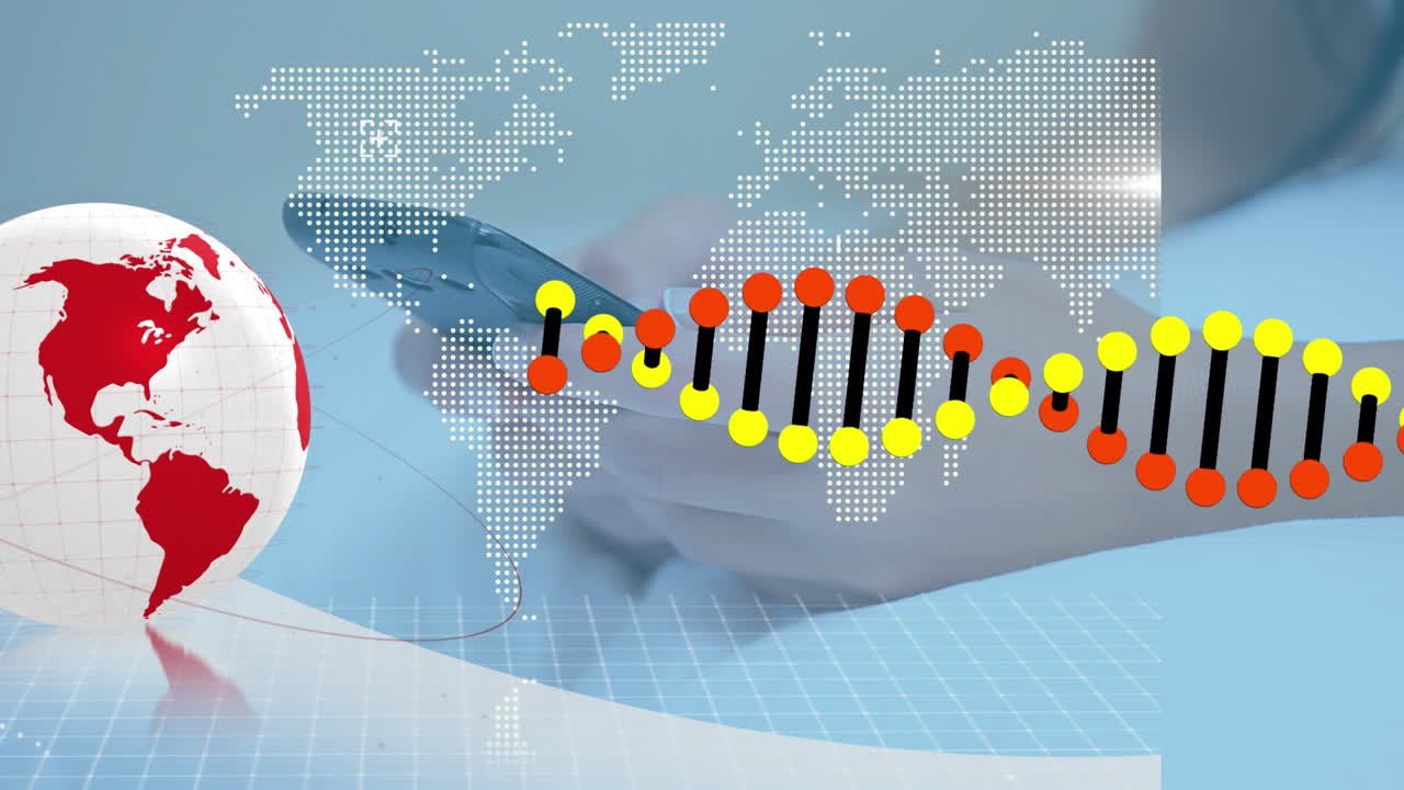 세계 지도 위의 지구와 dna 줄기의 애니메이션과 스마트폰을 사용하는 여성의 손