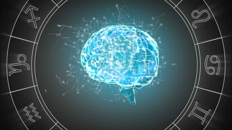 animación del cerebro azul en 3d con giros de la rueda del zodiaco, mezclando neurología y astrología.