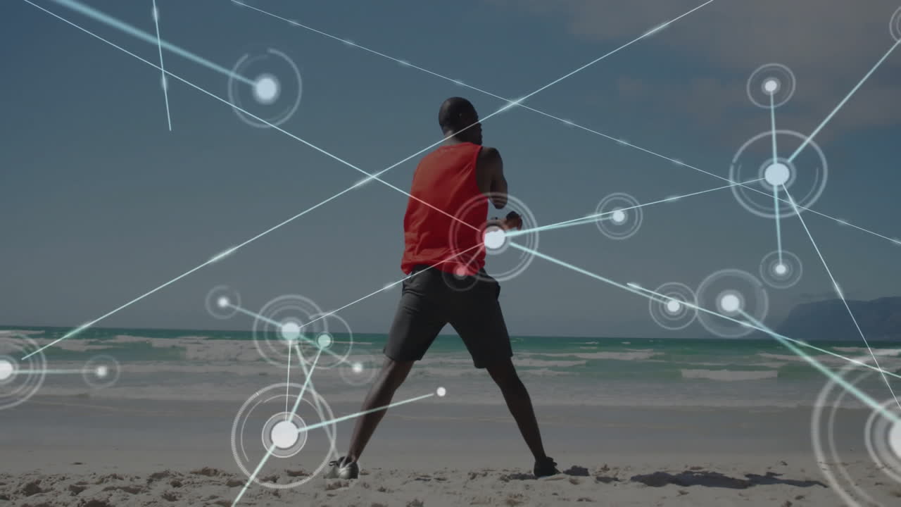 Person on beach with network connections and data processing animation overlay