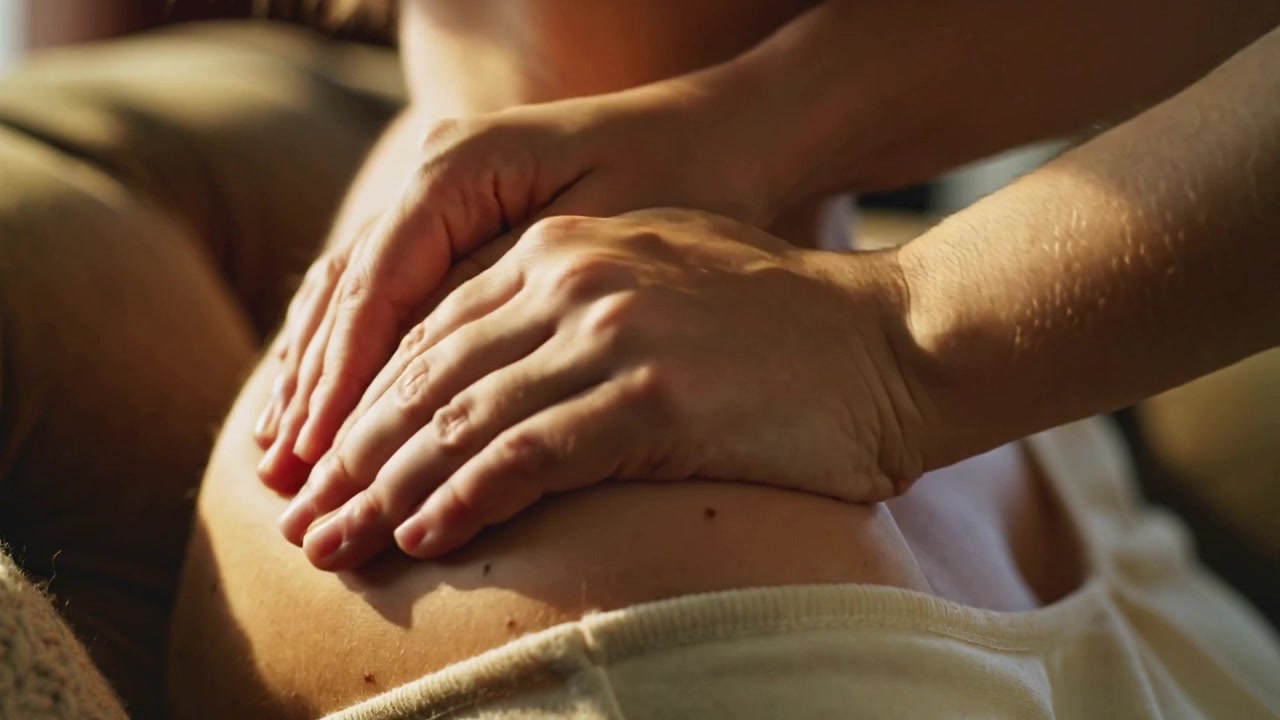Sitzung beginnt: Therapeutenhände massieren den Bauch des Klienten auf einem Spa-Tisch zur Therapie, mit Handtuch.