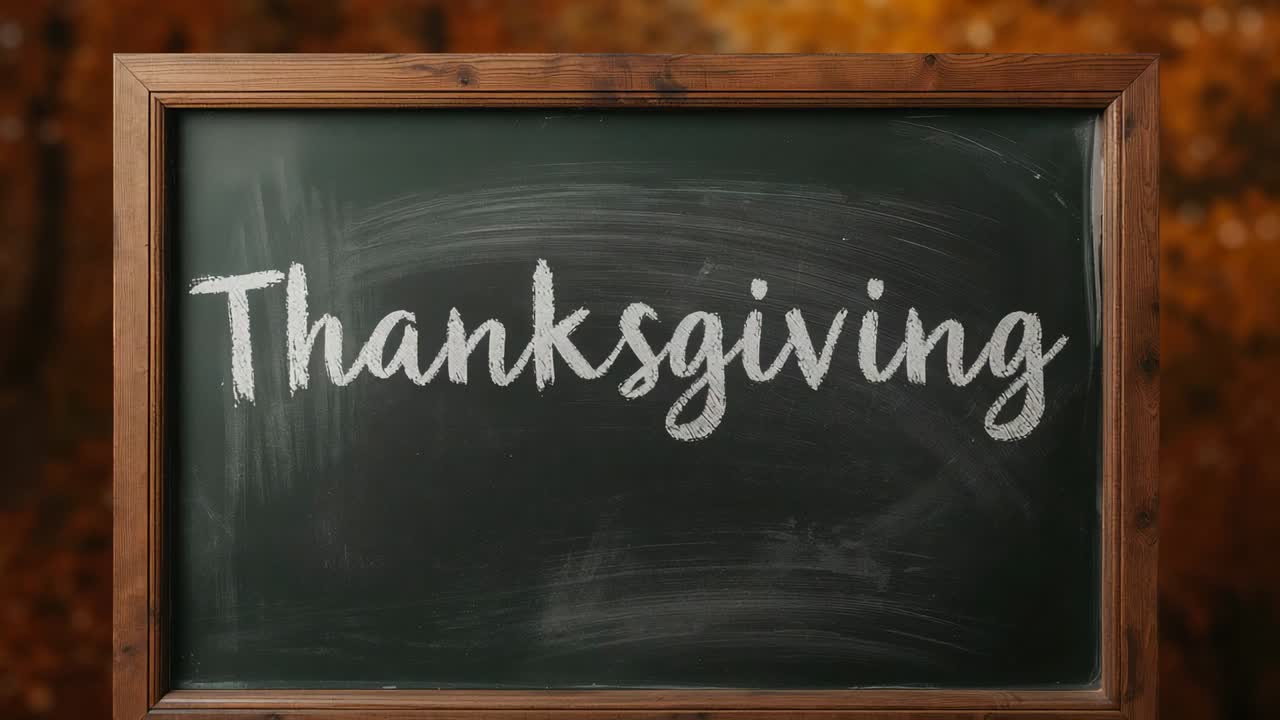 Lavagna di legno con scritta "Thanksgiving" in stile autunnale per decorazioni, con macchie e variazioni di luce solare