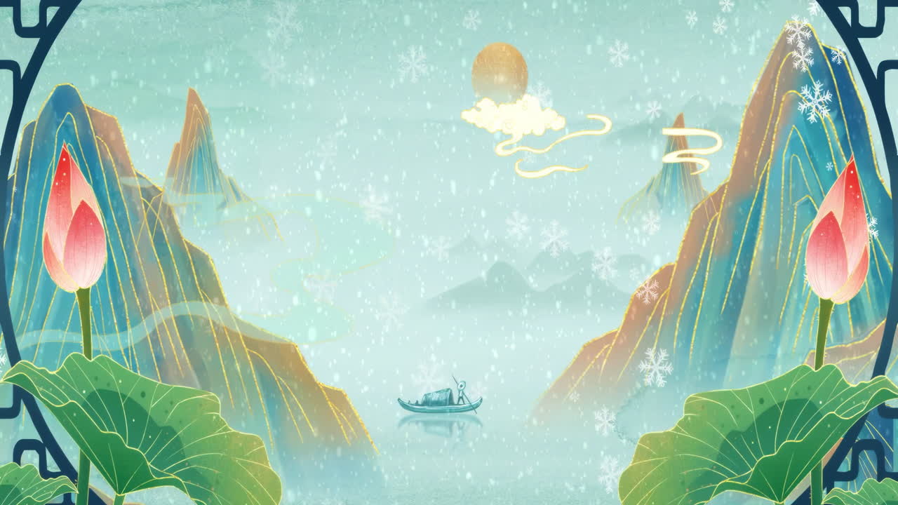 낮에는 고대 중국 전통 일본 풍경 잉크 그림 아름다운 평온한 나무, 산, 꽃, 호수, 물, 새, 파란 하늘, 배, 체리 꽃의 계절