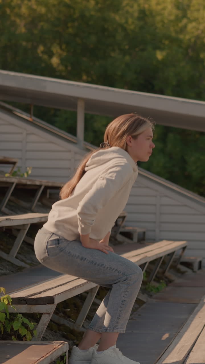 여성은 편안한 자세로 청바지와 후디를 입고, 손에 머리를 고, 빈 관중석, 전기 기둥을 배경으로 농촌 스타디움에 무작위로 걸어갑니다.