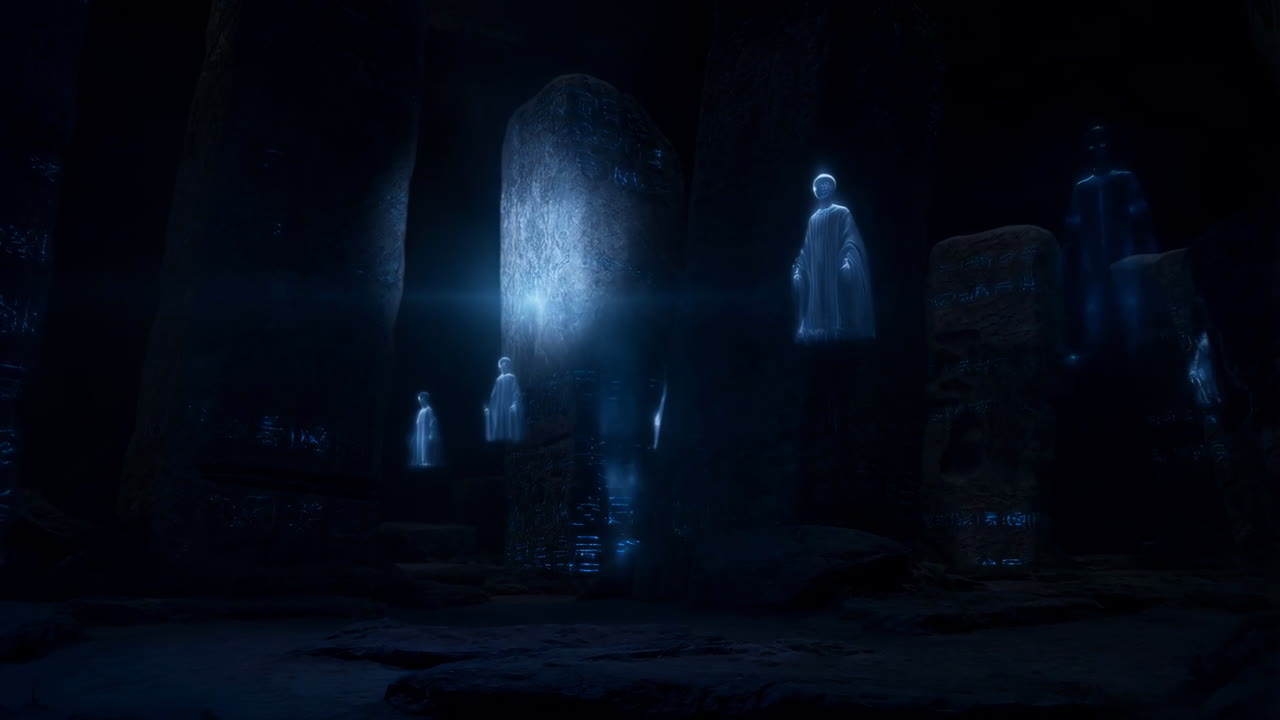 Ancient Chamber with Glowing Hieroglyphs and Spectral Figures