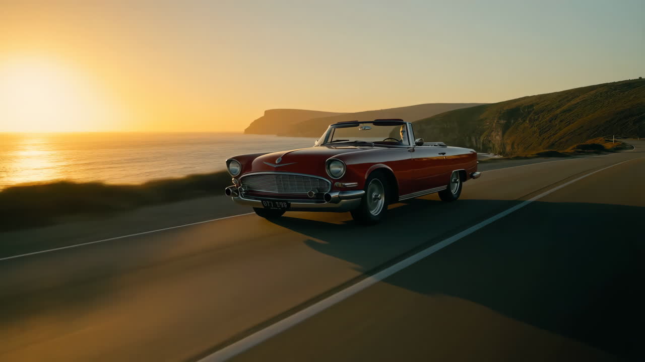Vintage Red Convertible Driving on a Coastal Road at Sunset