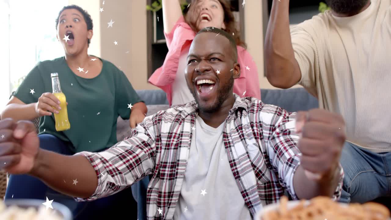 Front man reaching into popcorn, friends reacting at stream play, star graphic appearing over group