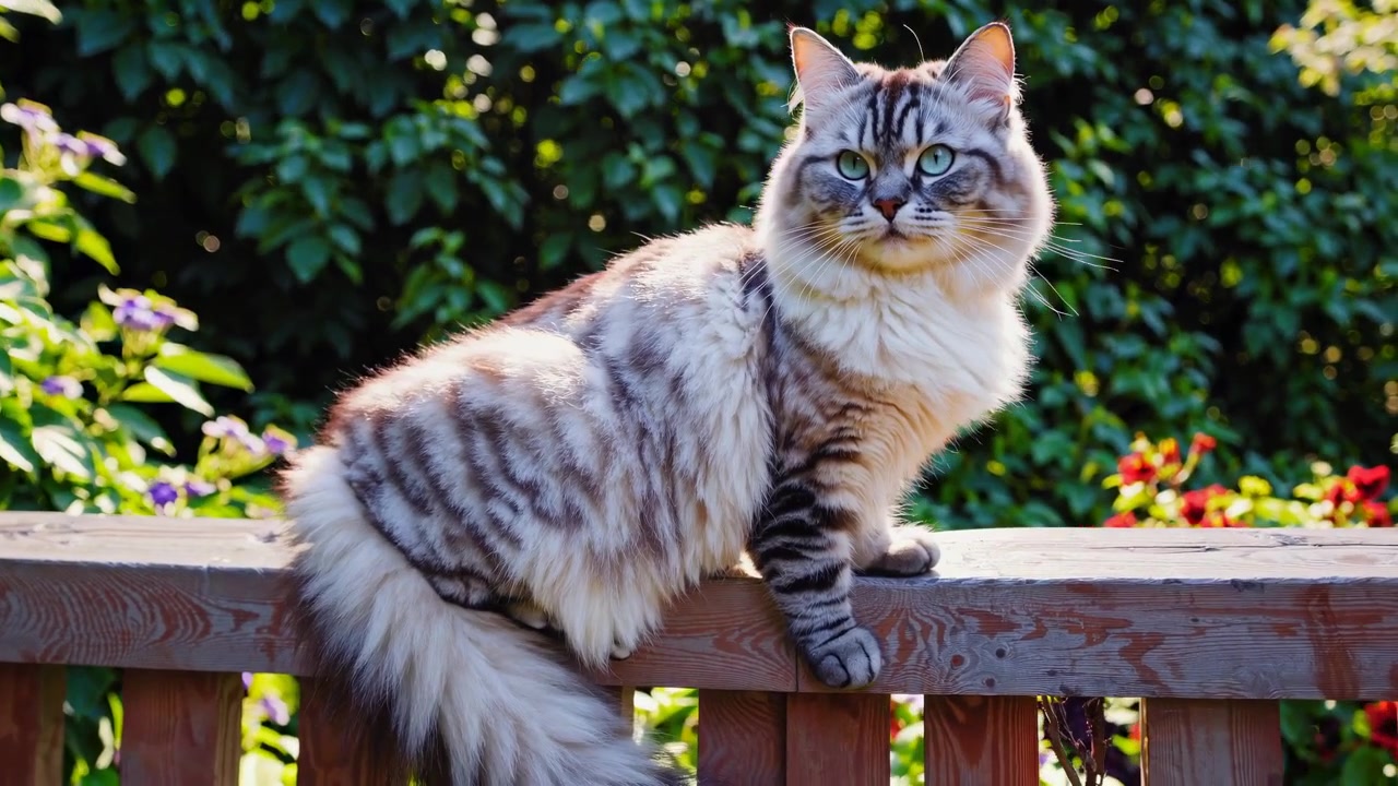 Gatto soriano soffice seduto su una recinzione di legno del giardino