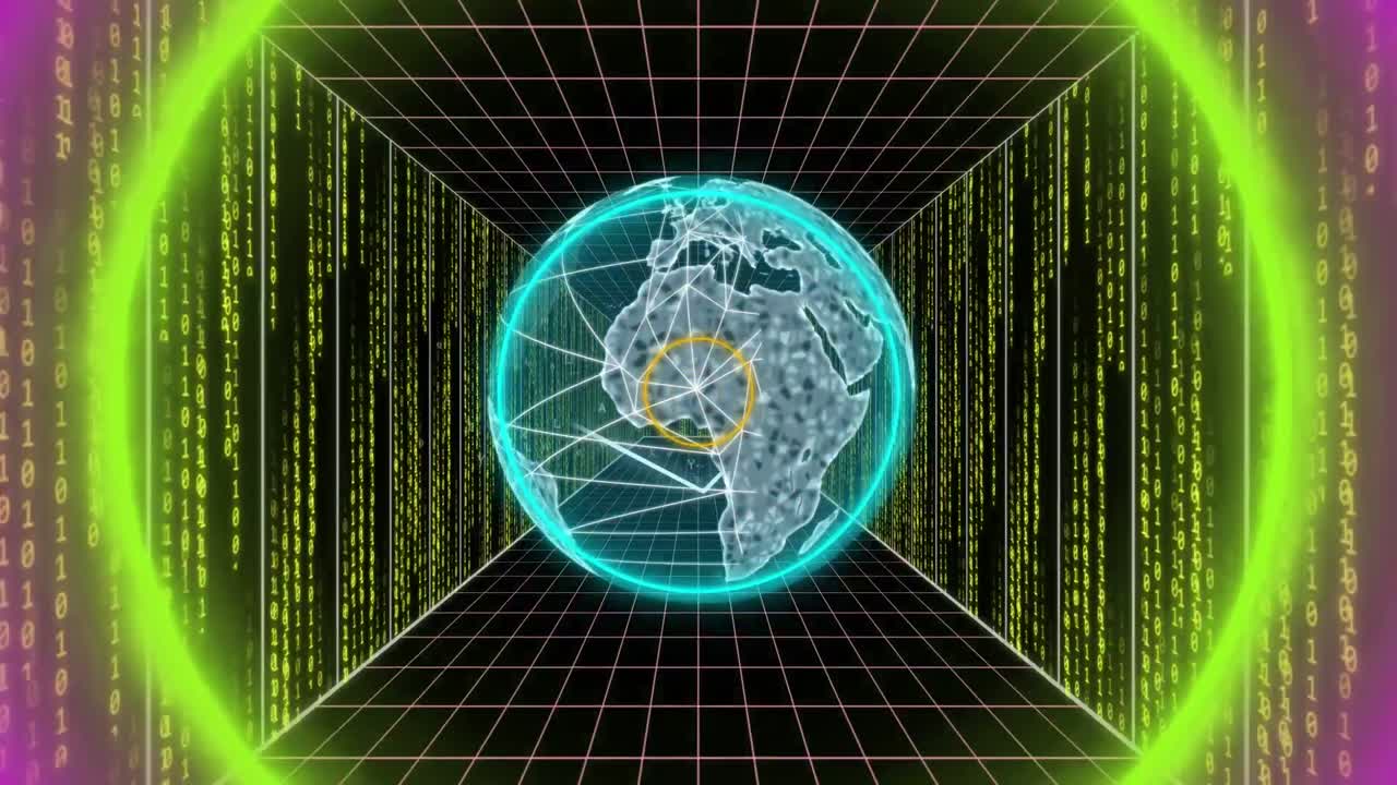 анимация двоичного кодирования и обработки данных по всему миру