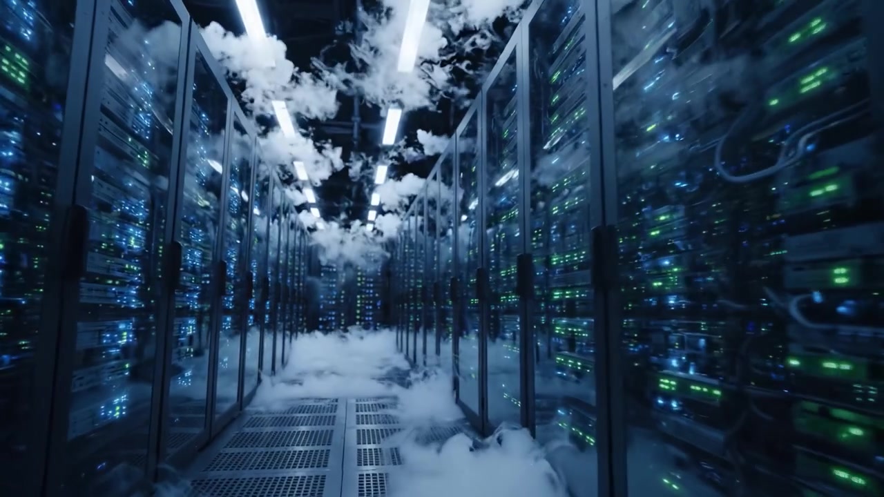 An Inside View of a Modern Data Center Filled with Rows of High-Tech Servers Surrounded by a Dramatic Fog Effect, Enhancing the Futuristic Atmosphere