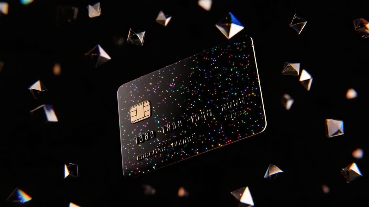 A Glimmering Credit Card Surrounded by Floating Geometric Shapes, Showcasing a Unique Design with Twinkling Light Reflections, Perfect for Financial Representation and Consumer Transactions