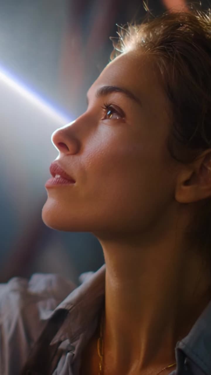 Captivating Woman Gazes Upward as Light Streams Downward, Her Expression Reflecting Wonder and Curiosity in a Dimly Lit Setting, Creating a Magical Atmosphere