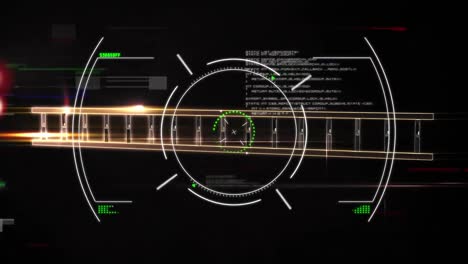 Animation-of-circles-over-lines-forming-dna-helix-against-computer-language-on-black-background