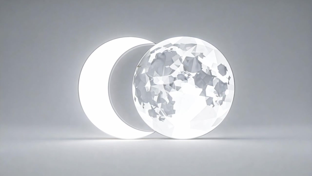 Rotating faceted sphere and glowing crescent disk shifting light on floor, showing cratered facets