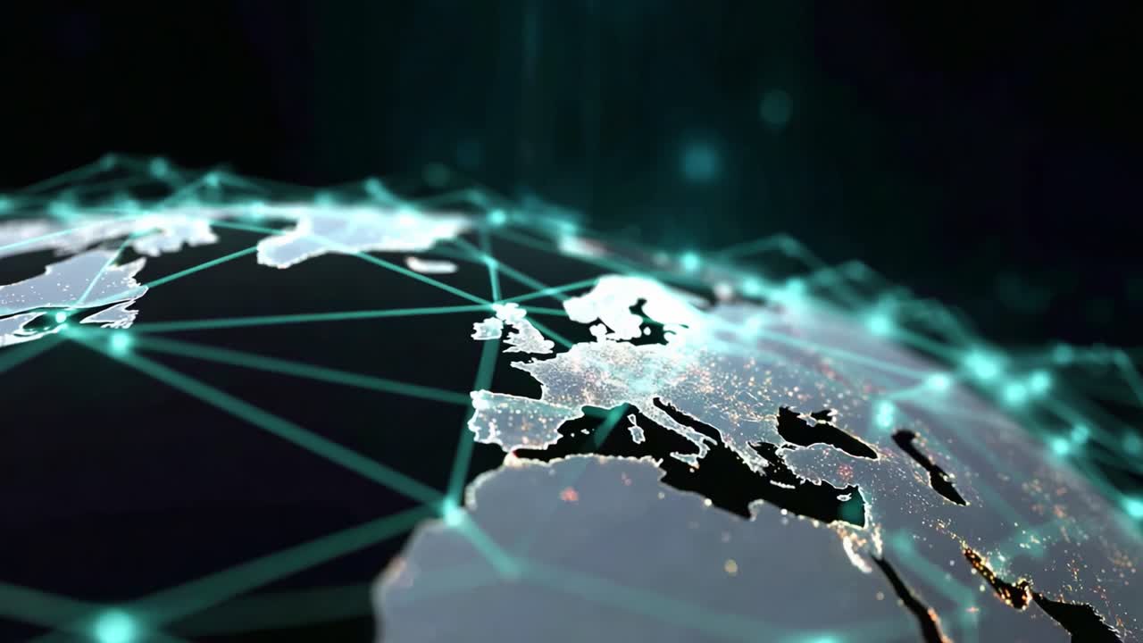 Exploring Global Connectivity: A Dynamic Map Highlighting Network Links and Geographical Features Across Europe and Beyond in a Futuristic Visual Style