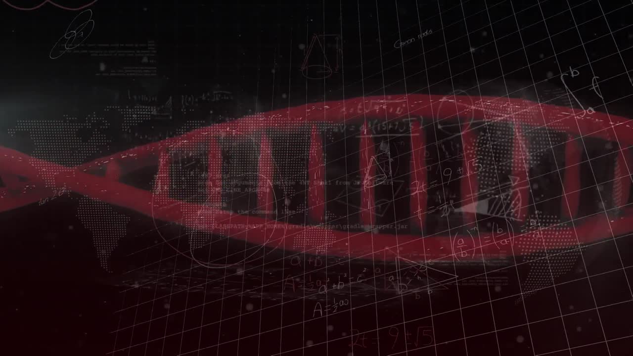 animación de estructuras de adn y globo girando sobre ecuaciones matemáticas contra un fondo negro