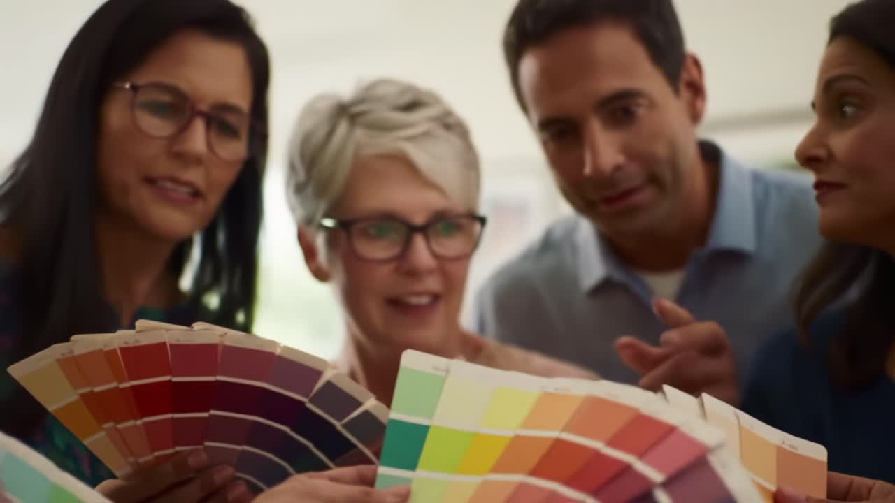 A Group of Individuals Engaged in Selecting Color Palettes, Showcasing a Variety of Shades and Hues for Creative Projects and Design Inspiration