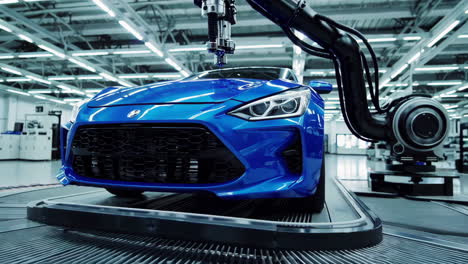 robotic assembly of a blue car