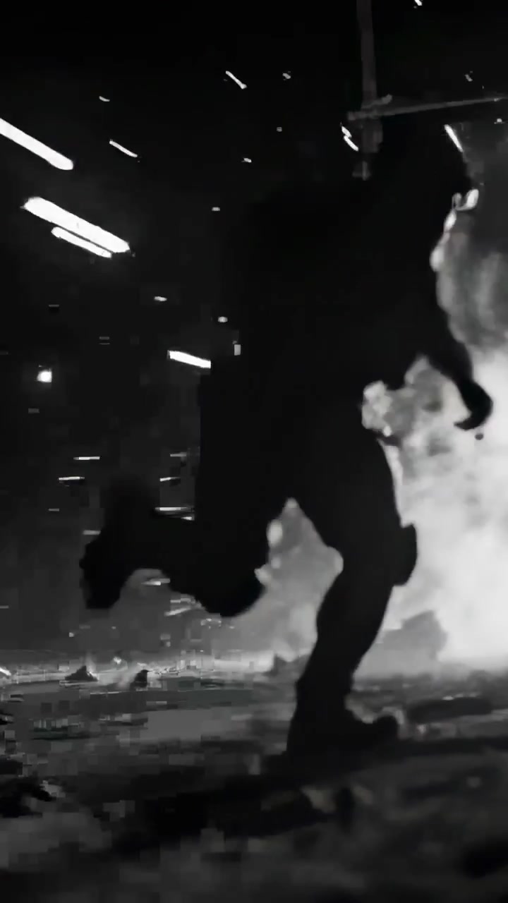Vertical video: Running armed squad fleeing blast across lot wearing helmets, dodging smoke, embers