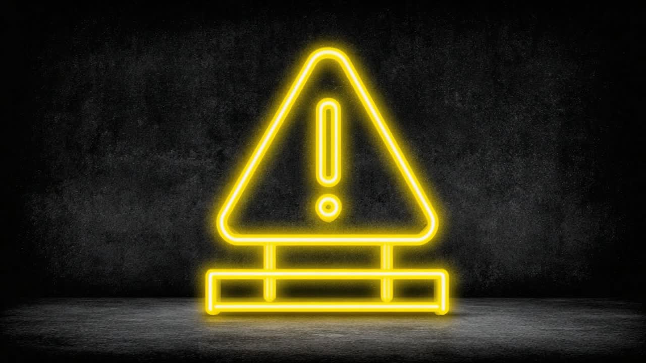 A Striking Neon Warning Sign Illuminating the Dark Background, Emphasizing Caution and Attention with a Vibrant Yellow Color Against the Gloomy Atmosphere