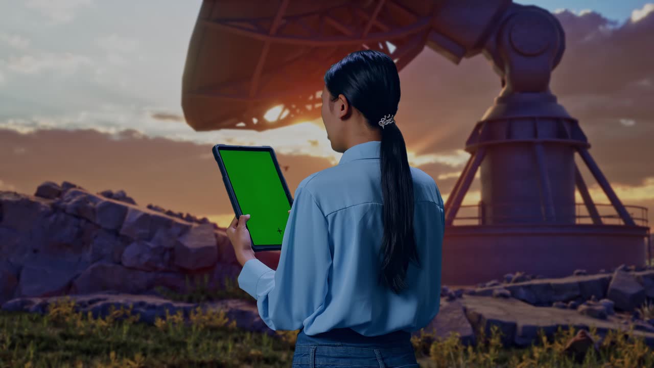 Back View Of An Asian Female Professional Worker Standing With Large Satellite Dish, Checking On Tablet With Green Screen And Look At The Factory Once