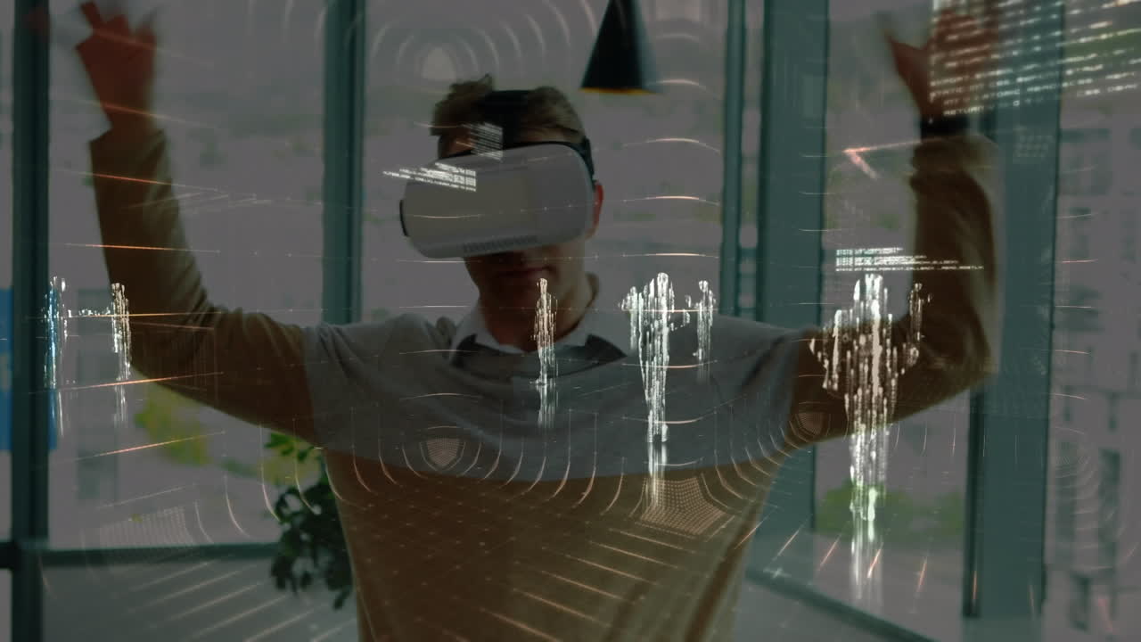 Animation of financial data processing over businessman using vr headset
