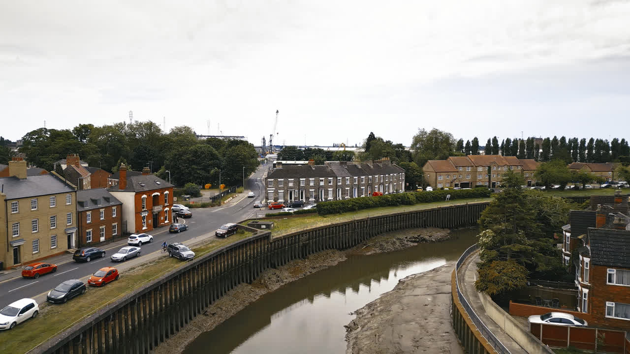 scenic beauty of Boston, Lincolnshire, in mesmerizing aerial drone footage: Port, ships, Saint Botolph Church , Saint Botolph's Bridge