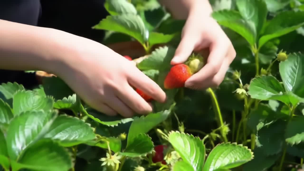 Harvesting Fresh Strawberries in a Sunny Field During Summer
