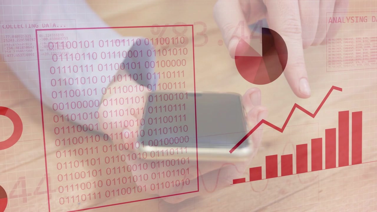 Person's hands holding smartphone, finger touching screen, HUD overlays appearing, visualizing data