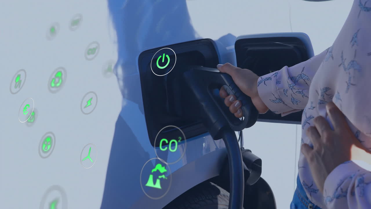woman plugging EV charger at outdoor station, showing floating green CO? and energy icons