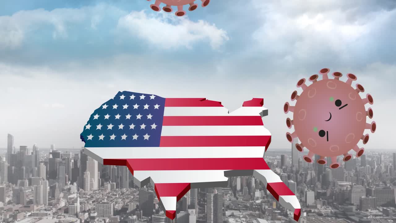 미국 지도 위의 코로나바이러스 세포의 애니메이션은 도시 풍경 배경에 미국  ⁇ 발로 색칠되었습니다.