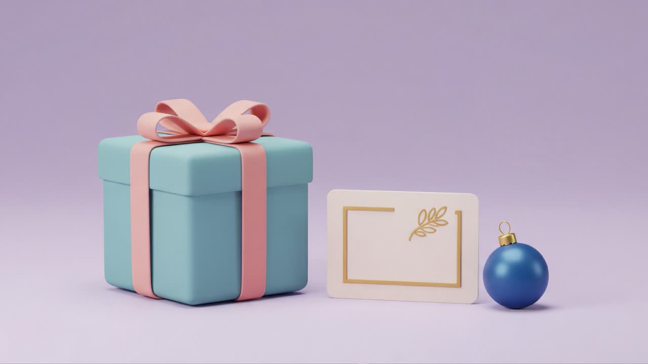 Elegant Gift Box with Ribbon, Decorative Card, and Blue Ornament on a Soft Purple Background, Perfect for Celebrations and Special Occasions