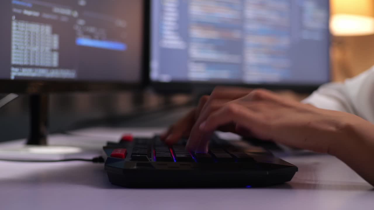 primer plano de las manos de una programadora escribiendo en una computadora de escritorio creando ingeniero de software desarrollando aplicaciones, programas, videojuegos en casa. terminal con lenguaje de codificación