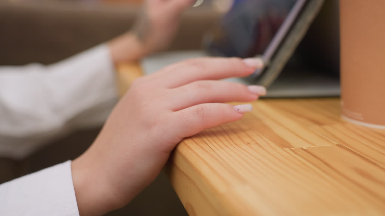 close up of fair skinned woman hand tapping wooden table with soft gesture while operating tablet in relaxed indoor setting near coffee cup in modern cozy space with neutral background elements