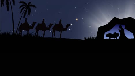 Animation-of-silhouettes-of-kings-with-camels-silhouettes-and-nativity-scene