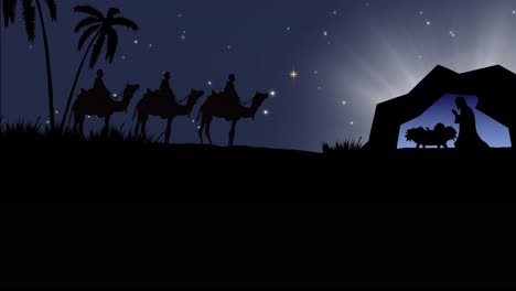 animation of silhouettes of kings with camels silhouettes and nativity scene