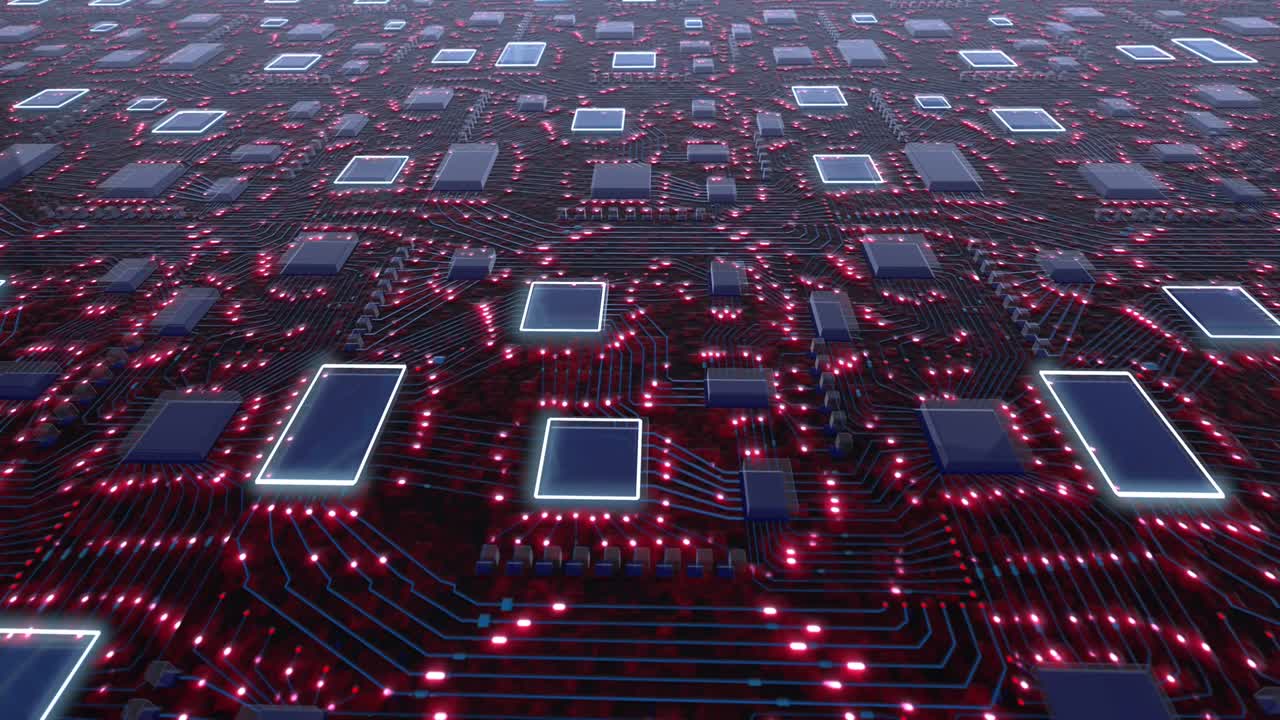 concepto 3d de placas de circuitos impresos de color azul oscuro con pulsación roja de señales brillantes