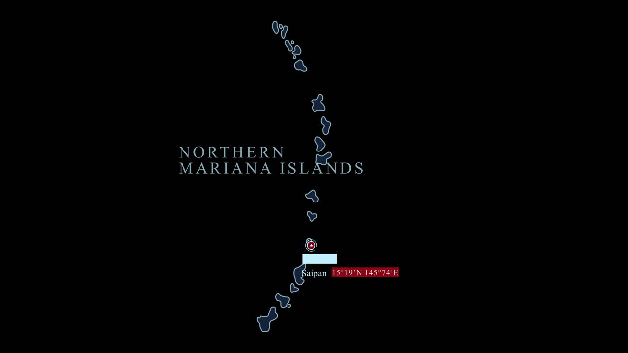 Blue stylized Northern Mariana Islands map with Saipan capital city and geographic coordinates on black background